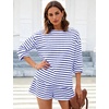 image:imageFlygo Striped 2 Piece Short Sets for Women Casual Cotton Long Sleeve Pullover Top Matching Pj Shorts Lounge Sets with PocketsBlue