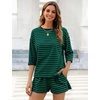 image:imageFlygo Striped 2 Piece Short Sets for Women Casual Cotton Long Sleeve Pullover Top Matching Pj Shorts Lounge Sets with PocketsGreen