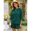 image:imageFlygo Striped 2 Piece Short Sets for Women Casual Cotton Long Sleeve Pullover Top Matching Pj Shorts Lounge Sets with PocketsGreen