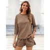 image:imageFlygo Striped 2 Piece Short Sets for Women Casual Cotton Long Sleeve Pullover Top Matching Pj Shorts Lounge Sets with PocketsKhaki
