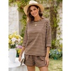 image:imageFlygo Striped 2 Piece Short Sets for Women Casual Cotton Long Sleeve Pullover Top Matching Pj Shorts Lounge Sets with PocketsKhaki