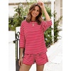 image:imageFlygo Striped 2 Piece Short Sets for Women Casual Cotton Long Sleeve Pullover Top Matching Pj Shorts Lounge Sets with PocketsRedstriped