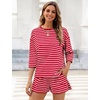 image:imageFlygo Striped 2 Piece Short Sets for Women Casual Cotton Long Sleeve Pullover Top Matching Pj Shorts Lounge Sets with PocketsRedstriped