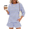 image:imageFlygo Striped 2 Piece Short Sets for Women Casual Cotton Long Sleeve Pullover Top Matching Pj Shorts Lounge Sets with PocketsBlue