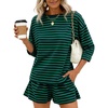 image:imageFlygo Striped 2 Piece Short Sets for Women Casual Cotton Long Sleeve Pullover Top Matching Pj Shorts Lounge Sets with PocketsGreen