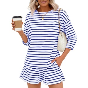 image:imageFlygo Striped 2 Piece Short Sets for Women Casual Cotton Long Sleeve Pullover Top Matching Pj Shorts Lounge Sets with PocketsBlue