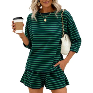 image:imageFlygo Striped 2 Piece Short Sets for Women Casual Cotton Long Sleeve Pullover Top Matching Pj Shorts Lounge Sets with PocketsGreen