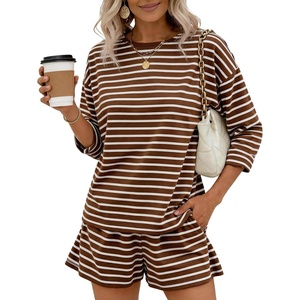 image:imageFlygo Striped 2 Piece Short Sets for Women Casual Cotton Long Sleeve Pullover Top Matching Pj Shorts Lounge Sets with PocketsKhaki
