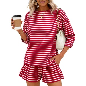 image:imageFlygo Striped 2 Piece Short Sets for Women Casual Cotton Long Sleeve Pullover Top Matching Pj Shorts Lounge Sets with PocketsRedstriped