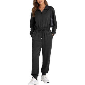 image:imageFlygo Womens Half Zip Jumpsuit Long Sleeve One Piece Loungewear High Waist Jogger Casual Travel Outfit with PocketsBlack
