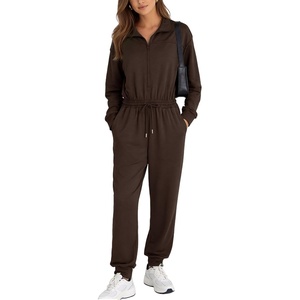 image:imageFlygo Womens Half Zip Jumpsuit Long Sleeve One Piece Loungewear High Waist Jogger Casual Travel Outfit with PocketsDarkbrown