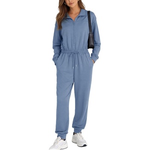 image:imageFlygo Womens Half Zip Jumpsuit Long Sleeve One Piece Loungewear High Waist Jogger Casual Travel Outfit with PocketsGreyblue