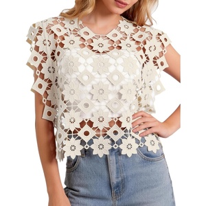 image:imageFlygo Womens Hollow Out Floral Lace Vest Cropped Embroideried Summer Crochet Coverup 2026 Trendy Blouse TopsBeige