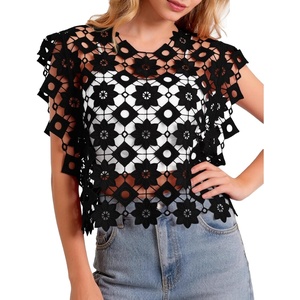 image:imageFlygo Womens Hollow Out Floral Lace Vest Cropped Embroideried Summer Crochet Coverup 2026 Trendy Blouse TopsBlack