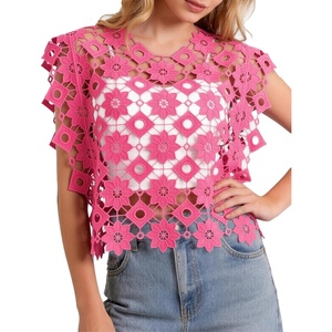 image:imageFlygo Womens Hollow Out Floral Lace Vest Cropped Embroideried Summer Crochet Coverup 2026 Trendy Blouse TopsPink