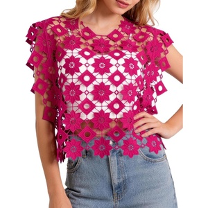 image:imageFlygo Womens Hollow Out Floral Lace Vest Cropped Embroideried Summer Crochet Coverup 2026 Trendy Blouse TopsRose Red