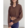 image:imageFlygo Womens Crop Hoodies Long Sleeve V Neck Pullover Sweatshirts Lounge Athletic Cropped Tops CoffeeM