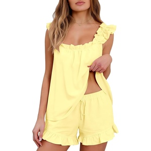 image:imageFlygo Cotton Pajamas for Women 2 Piece Lounge Set Ruffle Tank Top and Shorts Pajama Set Soft Cute PjsLightyellow