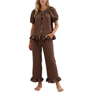 image:imageFlygo Womens Polka Dot Pajama Sets 2 Piece Short Puff Sleeve Button Down Lounge Set Soft Y2K Ruffled Long Pj Pants SleepwearBrown
