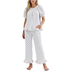 image:imageFlygo Womens Polka Dot Pajama Sets 2 Piece Short Puff Sleeve Button Down Lounge Set Soft Y2K Ruffled Long Pj Pants SleepwearWhite