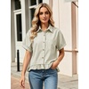 image:imageFlygo Womens Cropped Striped Button Down Shirts Peplum Short Sleeve Collared Blouse Cute Summer Casual Ruffled Dressy TopsOlive