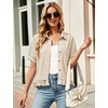 image:imageFlygo Womens Cropped Striped Button Down Shirts Peplum Short Sleeve Collared Blouse Cute Summer Casual Ruffled Dressy TopsTan