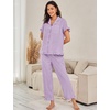 image:imageFlygo Womens Striped Pajama Sets Cotton Button Down Sleepwear Short Sleeve Top Long Ruffle Pants 2 Piece Pjs Loungewear SetsPurple