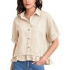 image:imageFlygo Womens Cropped Striped Button Down Shirts Peplum Short Sleeve Collared Blouse Cute Summer Casual Ruffled Dressy TopsTan