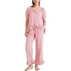 image:imageFlygo Womens Ruffle Pajamas Short Sleeve Button Down Lounge Set 2 Piece Solid Pjs Sleepwear Drawstring with PocketsPink
