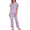image:imageFlygo Womens Striped Pajama Sets Cotton Button Down Sleepwear Short Sleeve Top Long Ruffle Pants 2 Piece Pjs Loungewear SetsPurple