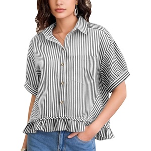 image:imageFlygo Womens Cropped Striped Button Down Shirts Peplum Short Sleeve Collared Blouse Cute Summer Casual Ruffled Dressy TopsBlack