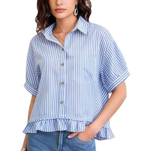 image:imageFlygo Womens Cropped Striped Button Down Shirts Peplum Short Sleeve Collared Blouse Cute Summer Casual Ruffled Dressy TopsBlue