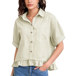 image:imageFlygo Womens Cropped Striped Button Down Shirts Peplum Short Sleeve Collared Blouse Cute Summer Casual Ruffled Dressy TopsOlive