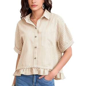 image:imageFlygo Womens Cropped Striped Button Down Shirts Peplum Short Sleeve Collared Blouse Cute Summer Casual Ruffled Dressy TopsTan