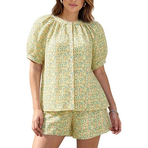 image:imageFlygo Womens Floral Pajamas Sets 2 Piece Lounge Set Button Down Tops and Soft Shorts Sleepwear with PocketsOrange