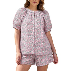 image:imageFlygo Womens Floral Pajamas Sets 2 Piece Lounge Set Button Down Tops and Soft Shorts Sleepwear with PocketsPink