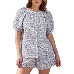 image:imageFlygo Womens Floral Pajamas Sets 2 Piece Lounge Set Button Down Tops and Soft Shorts Sleepwear with PocketsPurple