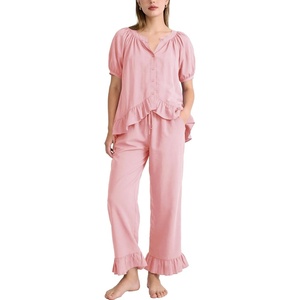image:imageFlygo Womens Ruffle Pajamas Short Sleeve Button Down Lounge Set 2 Piece Solid Pjs Sleepwear Drawstring with PocketsPink