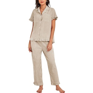 image:imageFlygo Womens Striped Pajama Sets Cotton Button Down Sleepwear Short Sleeve Top Long Ruffle Pants 2 Piece Pjs Loungewear SetsKhaki