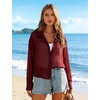 image:imageFlygo Womens Sheer Tops Sexy Long Sleeve Button Up Cropped Shirts Loose Collared See Through Blouse Casual Beach Cover UpBurgundy