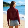 image:imageFlygo Womens Sheer Tops Sexy Long Sleeve Button Up Cropped Shirts Loose Collared See Through Blouse Casual Beach Cover UpBurgundy