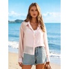 image:imageFlygo Womens Sheer Tops Sexy Long Sleeve Button Up Cropped Shirts Loose Collared See Through Blouse Casual Beach Cover UpPink