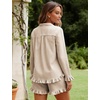 image:imageFlygo Womens Striped Pajama Sets 2 Piece Cotton Long Sleeve Tops and Pj Shorts Sets Casual Lounge Button Down Cozy SleepwearKhaki