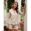 image:imageFlygo Womens Striped Pajama Sets 2 Piece Cotton Long Sleeve Tops and Pj Shorts Sets Casual Lounge Button Down Cozy SleepwearKhaki