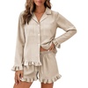 image:imageFlygo Womens Striped Pajama Sets 2 Piece Cotton Long Sleeve Tops and Pj Shorts Sets Casual Lounge Button Down Cozy SleepwearKhaki