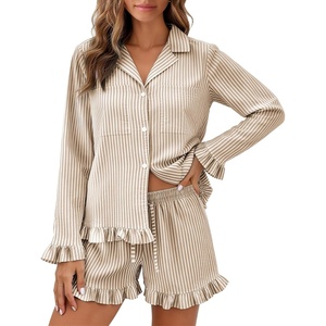 image:imageFlygo Womens Striped Pajama Sets 2 Piece Cotton Long Sleeve Tops and Pj Shorts Sets Casual Lounge Button Down Cozy SleepwearKhaki
