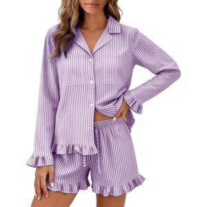 image:imageFlygo Womens Striped Pajama Sets 2 Piece Cotton Long Sleeve Tops and Pj Shorts Sets Casual Lounge Button Down Cozy SleepwearPurple