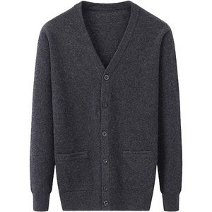 image:imageFlygo Mens V Neck 100 Cashmere Cardigan SweaterDark Grey