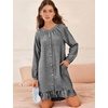 image:imageFlygo Cotton Gingham Nightgowns for Women Crewneck Long Sleeve Button Down Sleepwear Ruffled House Pajama Dress with PocketsBlack