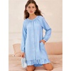 image:imageFlygo Cotton Gingham Nightgowns for Women Crewneck Long Sleeve Button Down Sleepwear Ruffled House Pajama Dress with PocketsBlue